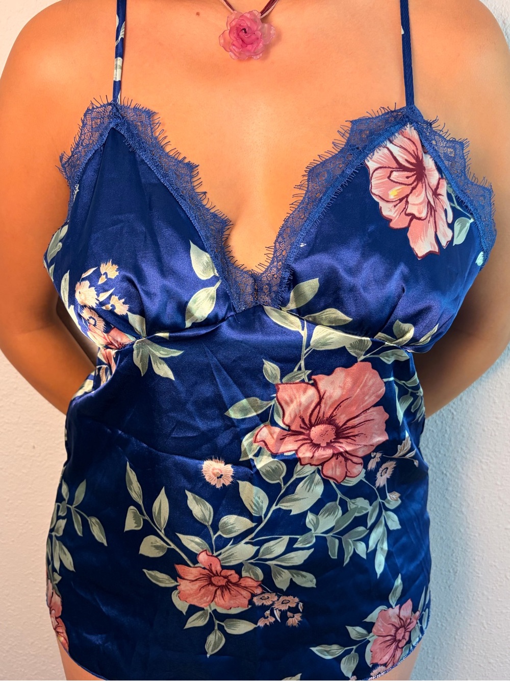 Floral Satin Lace Trim Cami - Blue & Pink